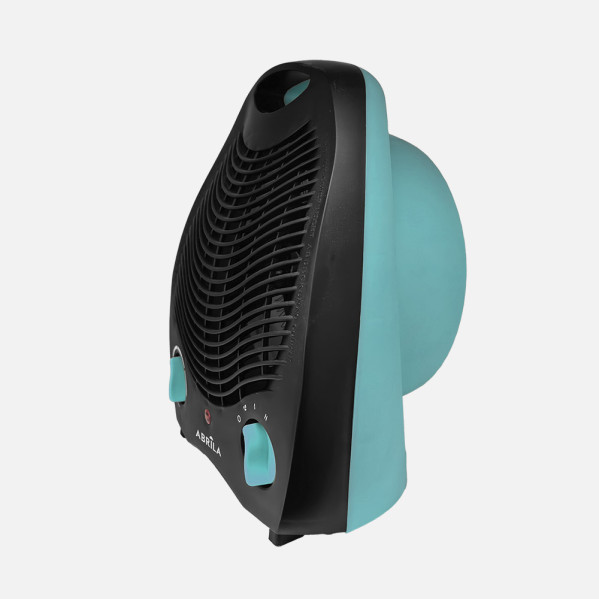 Un calefactor portátil con rejilla frontal negra y cuerpo de color turquesa.