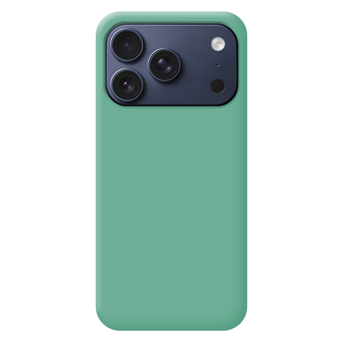Un smartphone verde visto desde atrás, con un módulo de cámara oscuro de tres lentes y un flash arriba a la izquierda.
