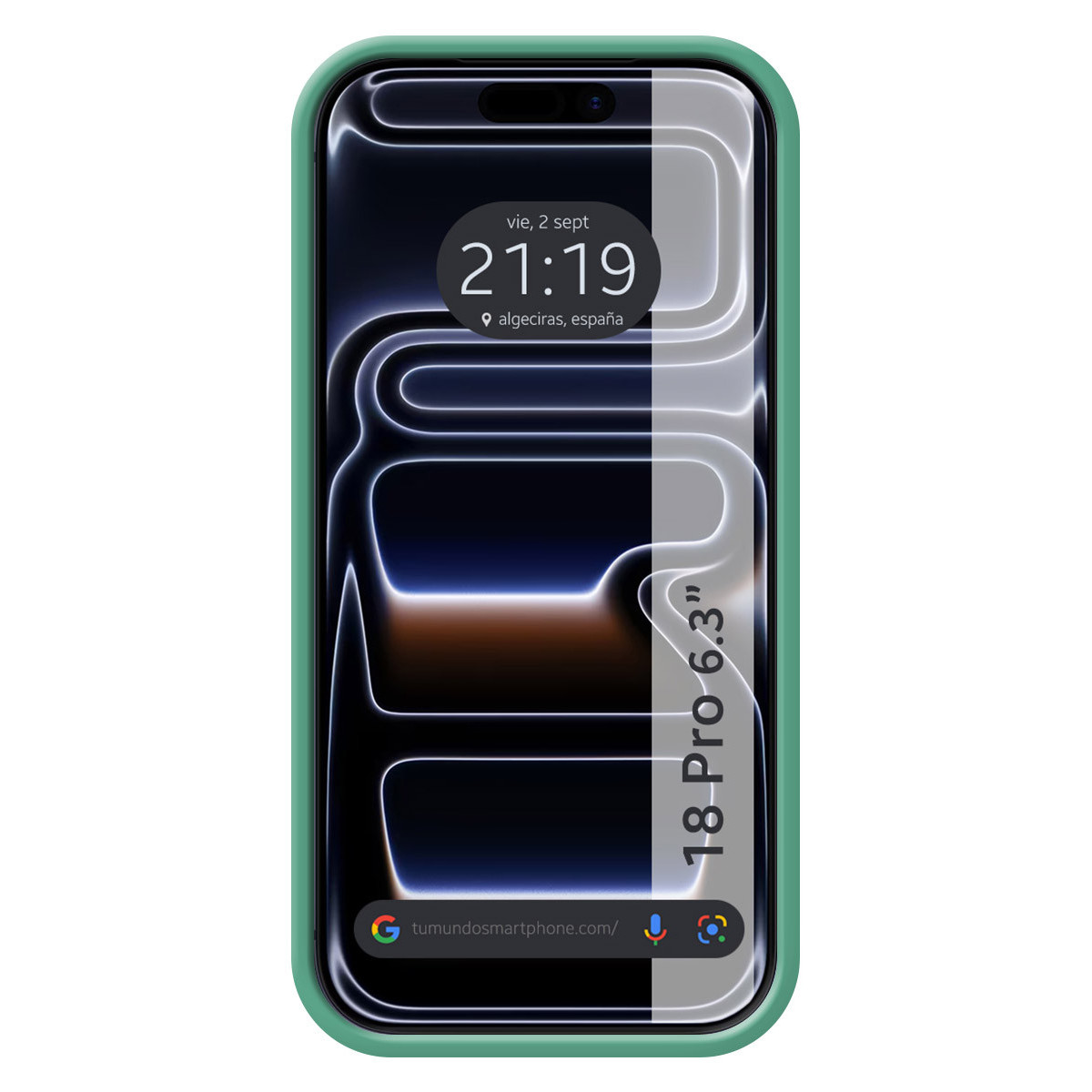 Smartphone en funda verde menta con reloj digital y ondas abstractas en pantalla.