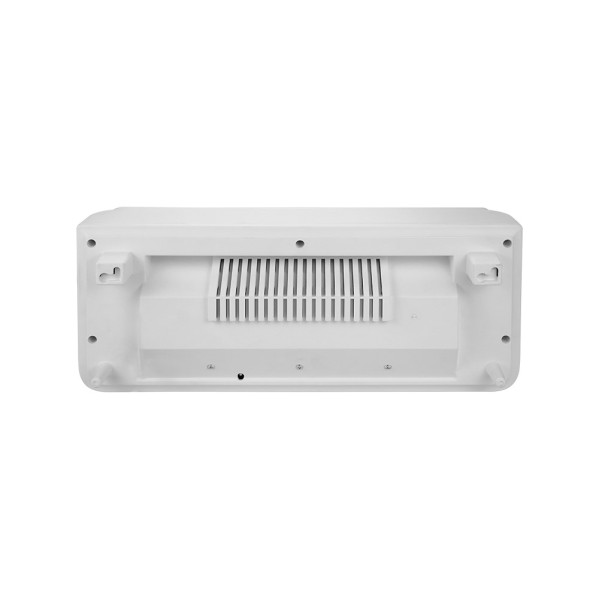 Parte trasera de un dispositivo electrónico blanco con ranuras de ventilación, tornillos y soportes de pared.