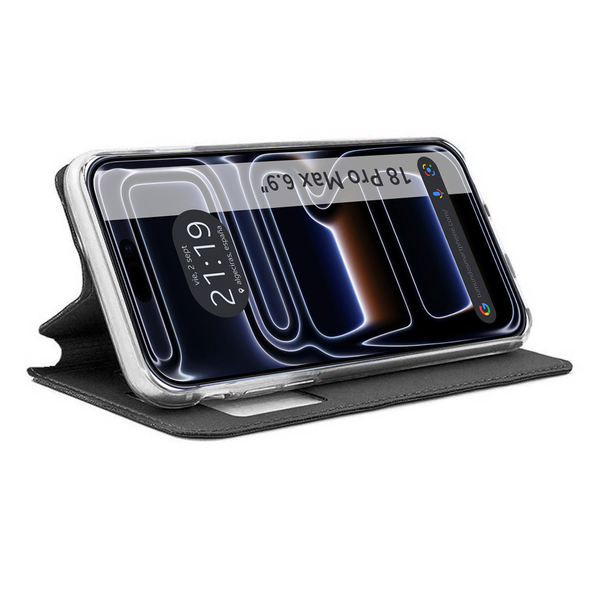 Un teléfono inteligente en una funda de cuero negro sobre fondo blanco.