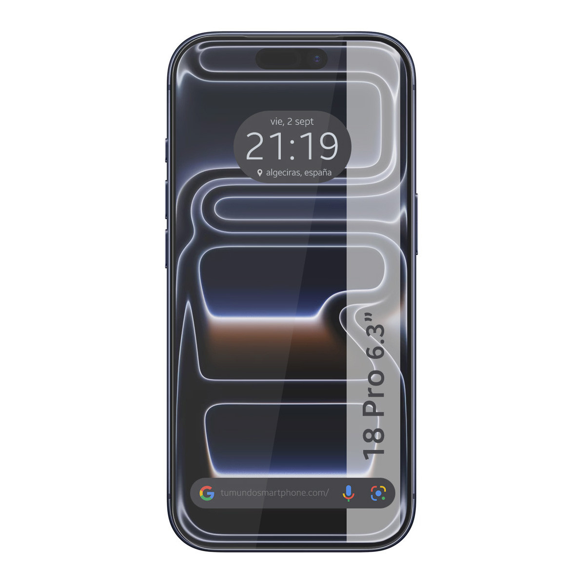 Un teléfono muestra una interfaz abstracta con hora, ubicación y el texto 18 Pro 6.3 pulgadas.