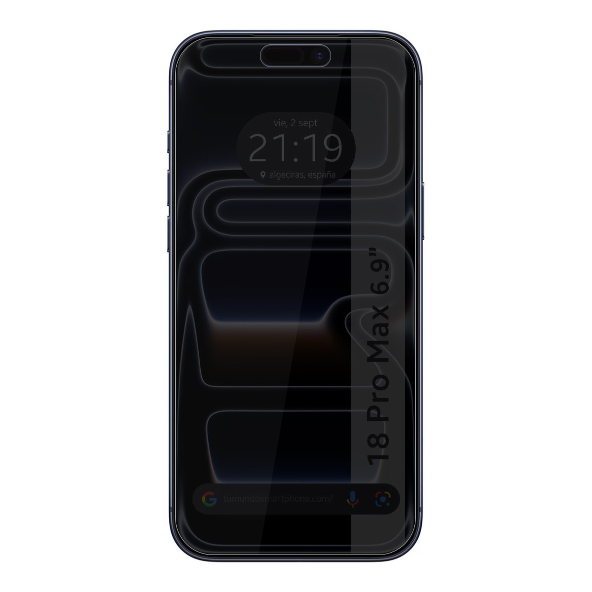 Vista frontal de un smartphone con fondo oscuro, un reloj arriba y el texto 18 Pro Max 6.9 pulgadas.