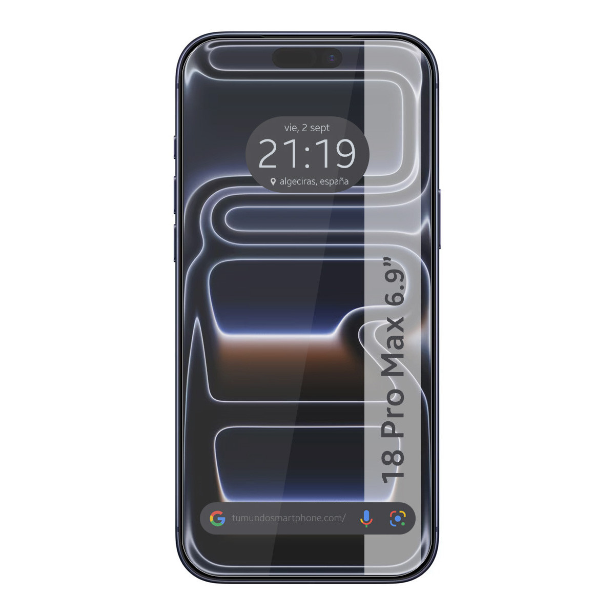 Un teléfono muestra una pantalla de bloqueo con ondas, hora, fecha y el texto '18 Pro Max 6.9'.