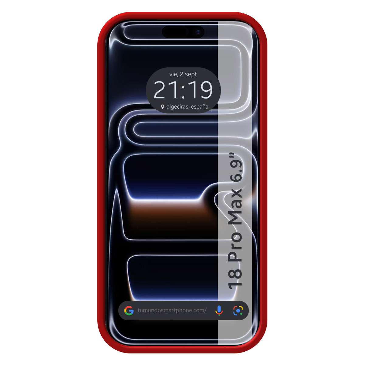 Smartphone en funda roja con fondo oscuro, hora 21:19 y texto 18 Pro Max 6.9 pulgadas.