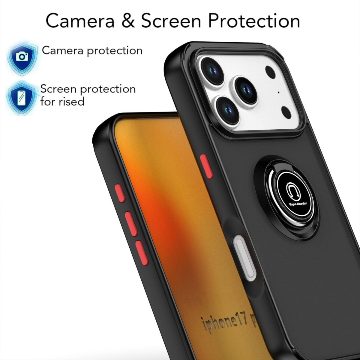 Una funda negra para teléfono con soporte de anillo y protección de cámara y pantalla.