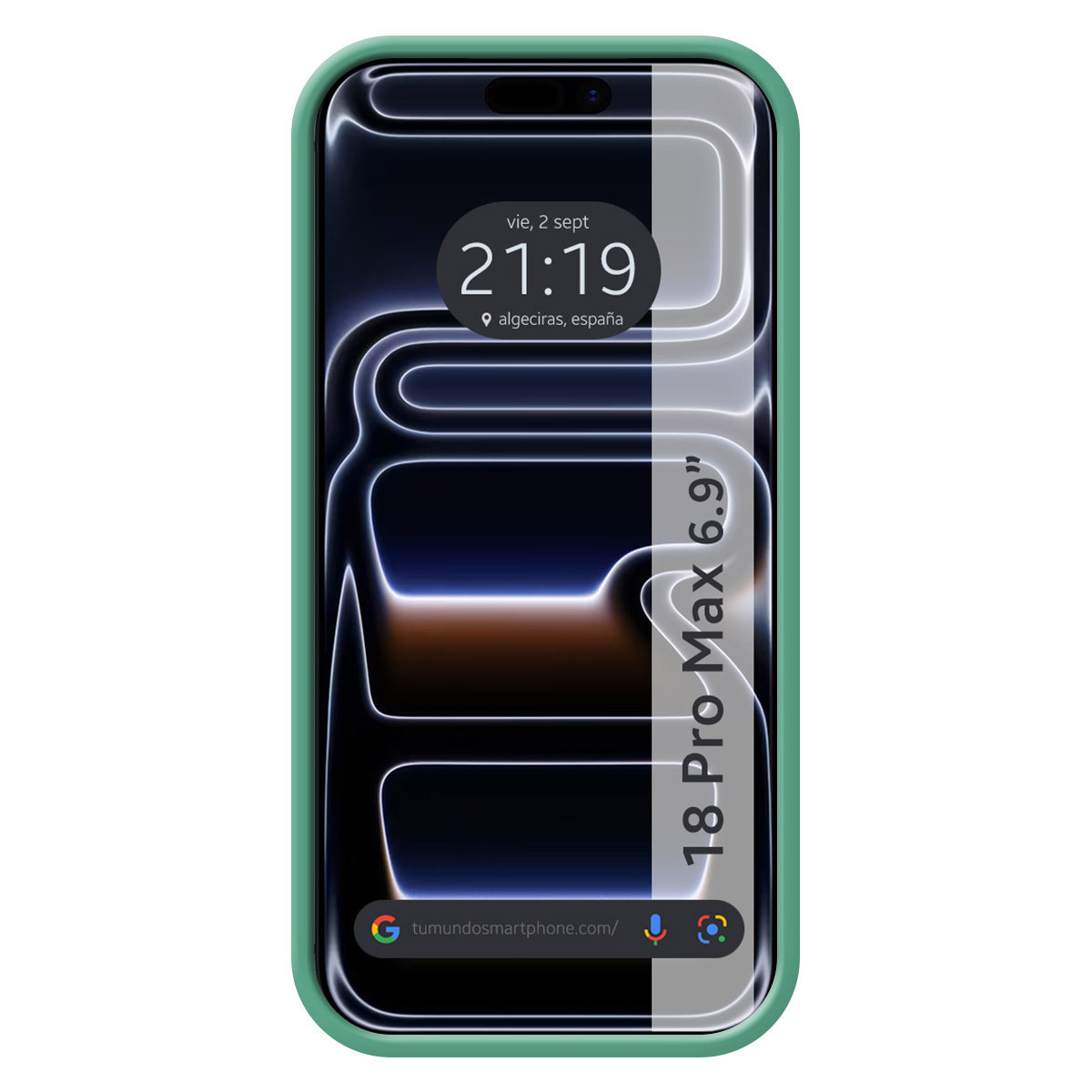 Smartphone en funda verde con fondo abstracto y texto 18 Pro Max 6.9 pulgadas.