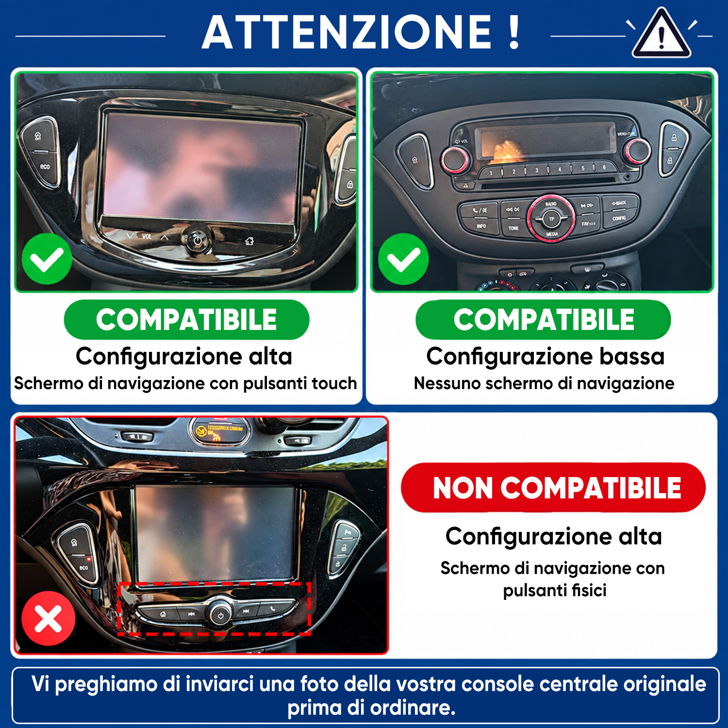 Guida alla compatibilità della plancia auto con schermo touch, radio e tasti fisici, con icone verdi e rosse.