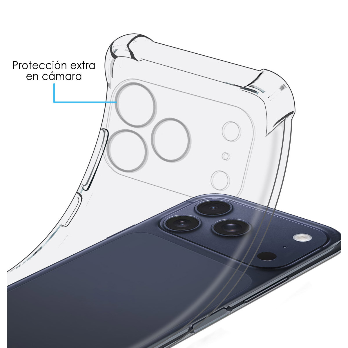 Funda protectora transparente sobre un smartphone oscuro con protección de cámara.