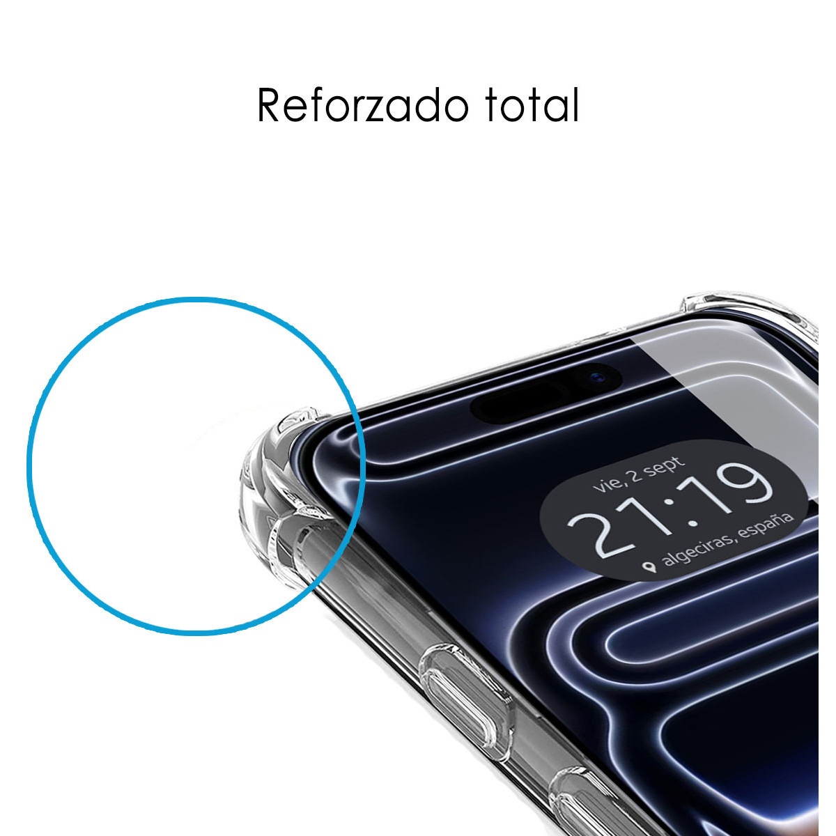 Primer plano de la esquina de un smartphone con funda y un círculo azul que destaca el refuerzo.