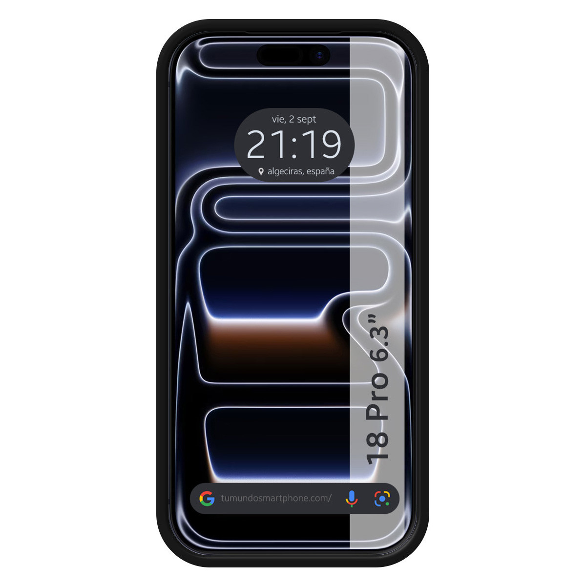 Un teléfono muestra una pantalla de bloqueo con reloj digital, fecha, barra de búsqueda y el texto 18 Pro 6.3.