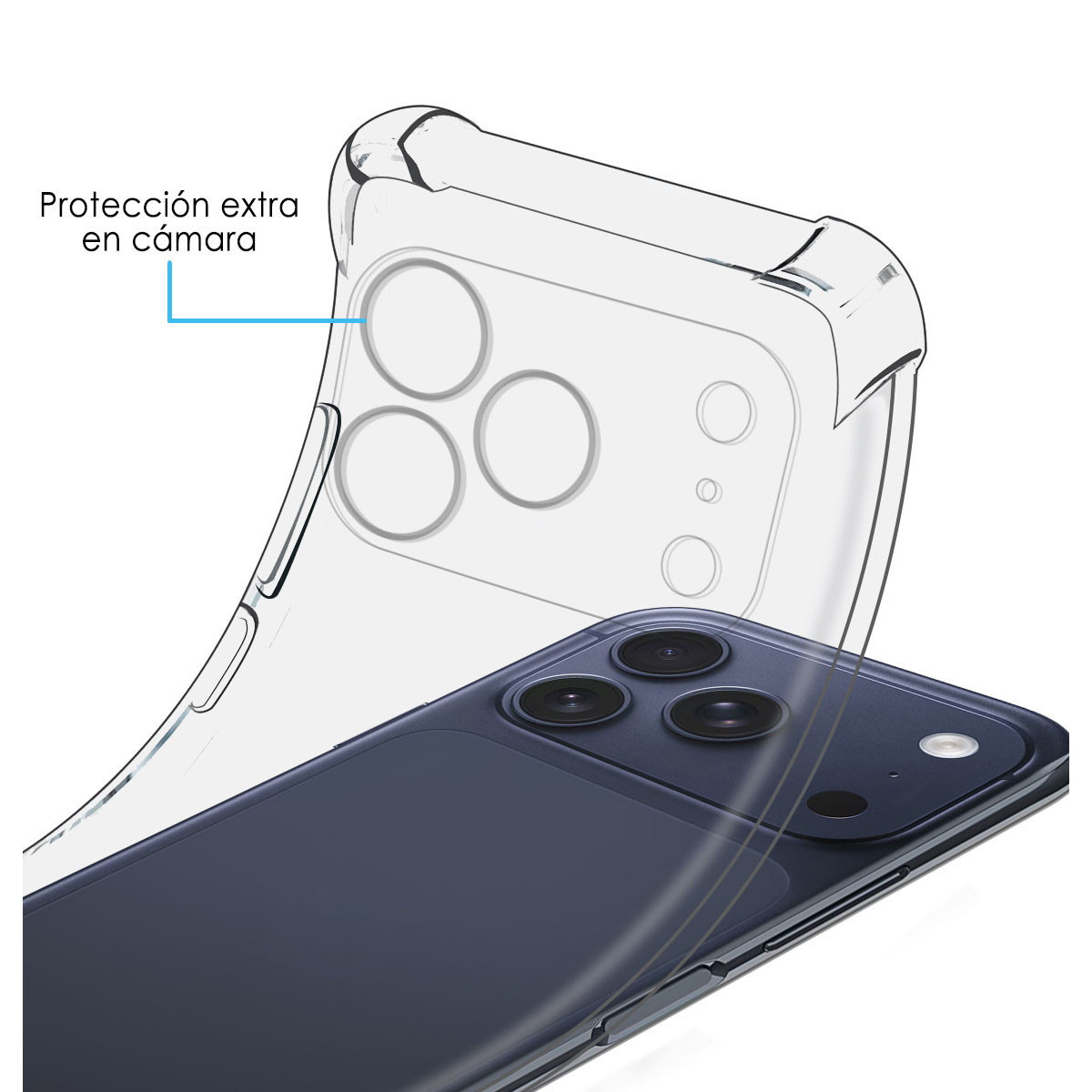 Funda transparente para móvil con protección extra en la cámara sobre un smartphone azul.