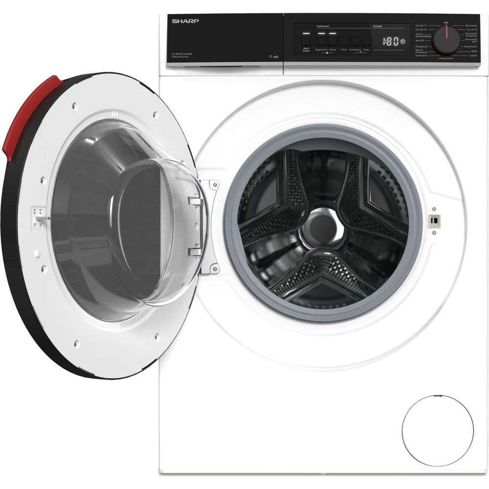 Weiße Sharp Frontlader-Waschmaschine mit geöffneter Tür, schwarzem Bedienfeld und digitaler Anzeige.