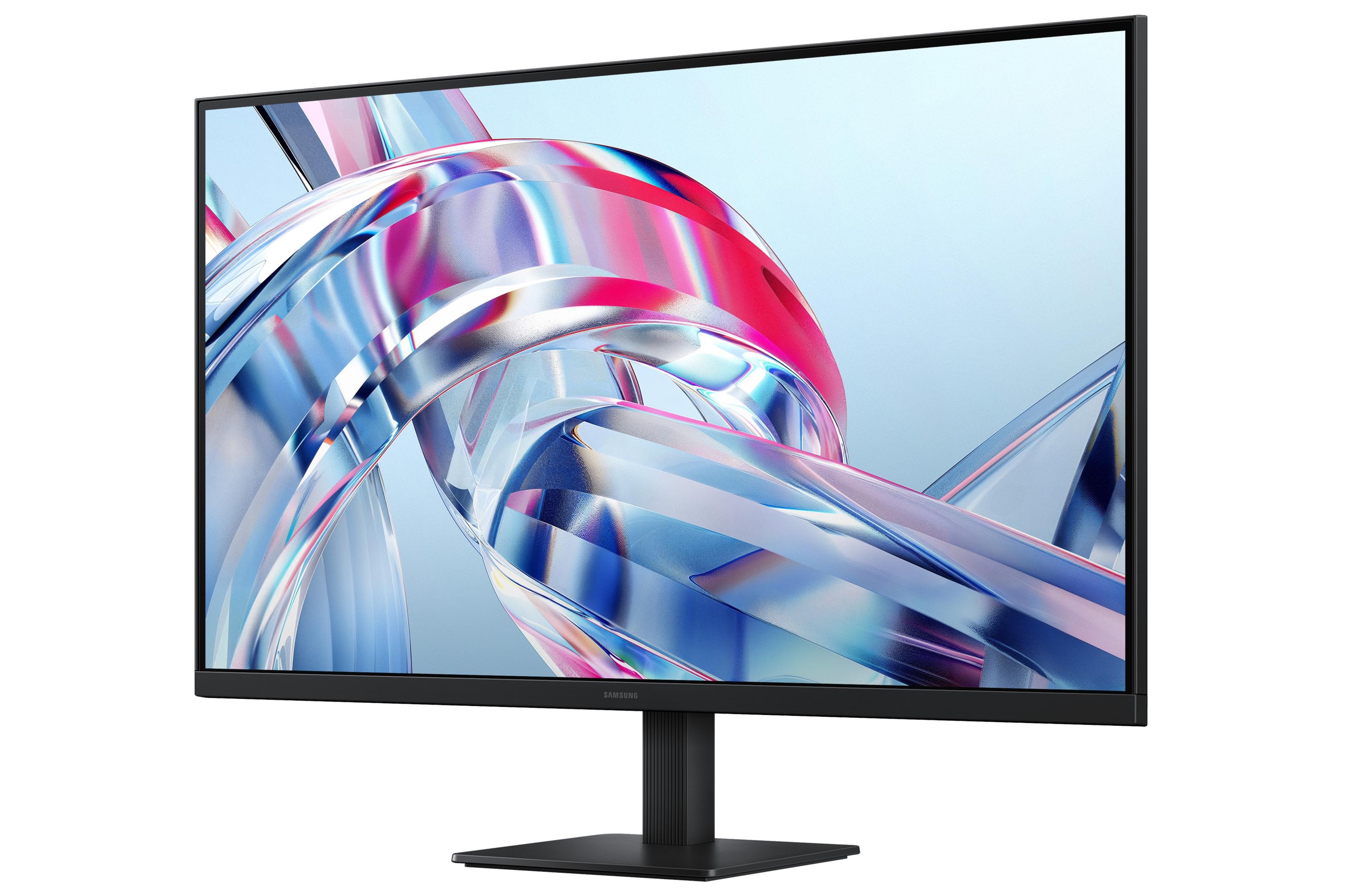 Un monitor Samsung nero con un motivo in vetro astratto e colorato sullo schermo e una base piatta.
