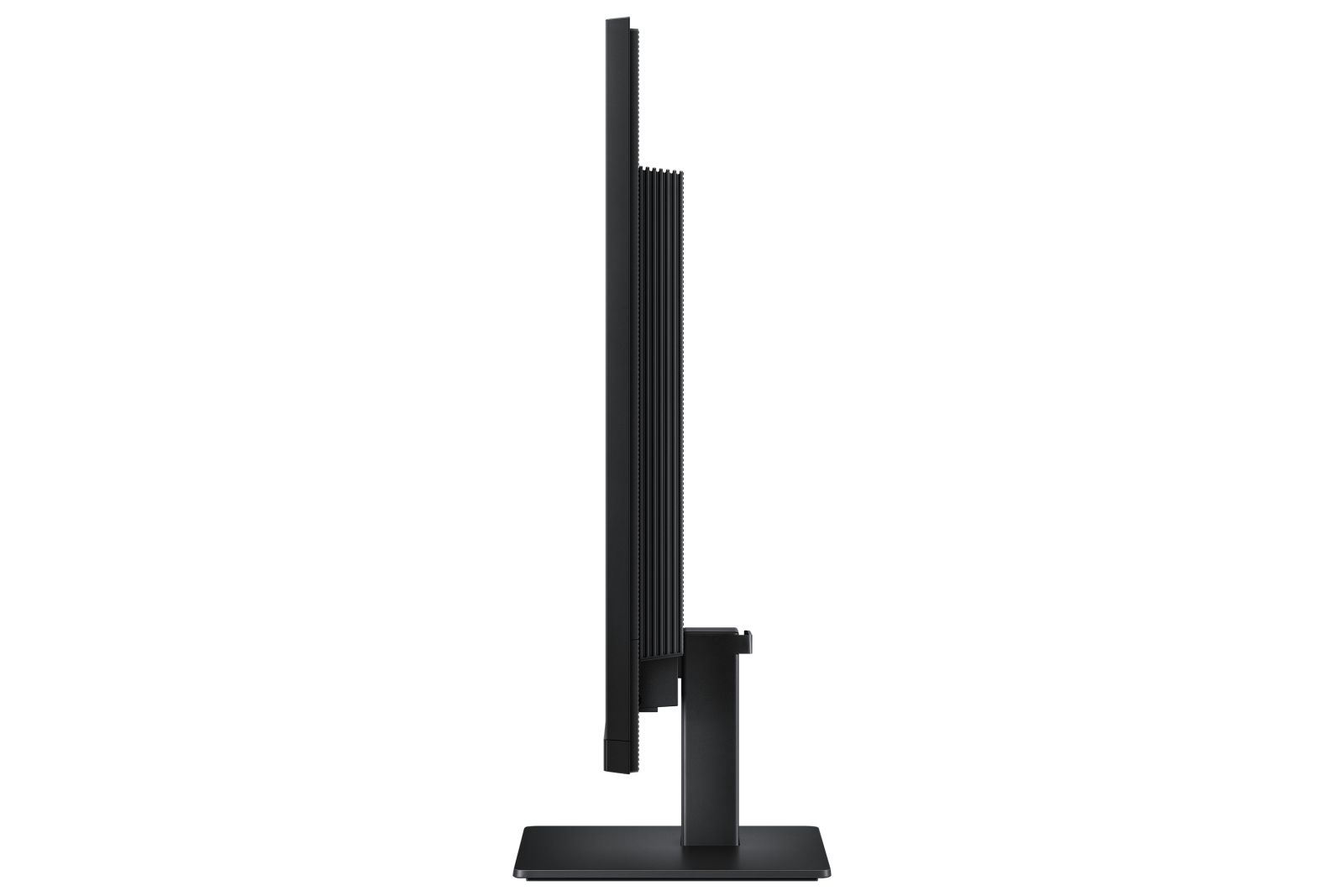 Vista laterale di un monitor per computer nero e sottile su una base stabile con sfondo bianco.