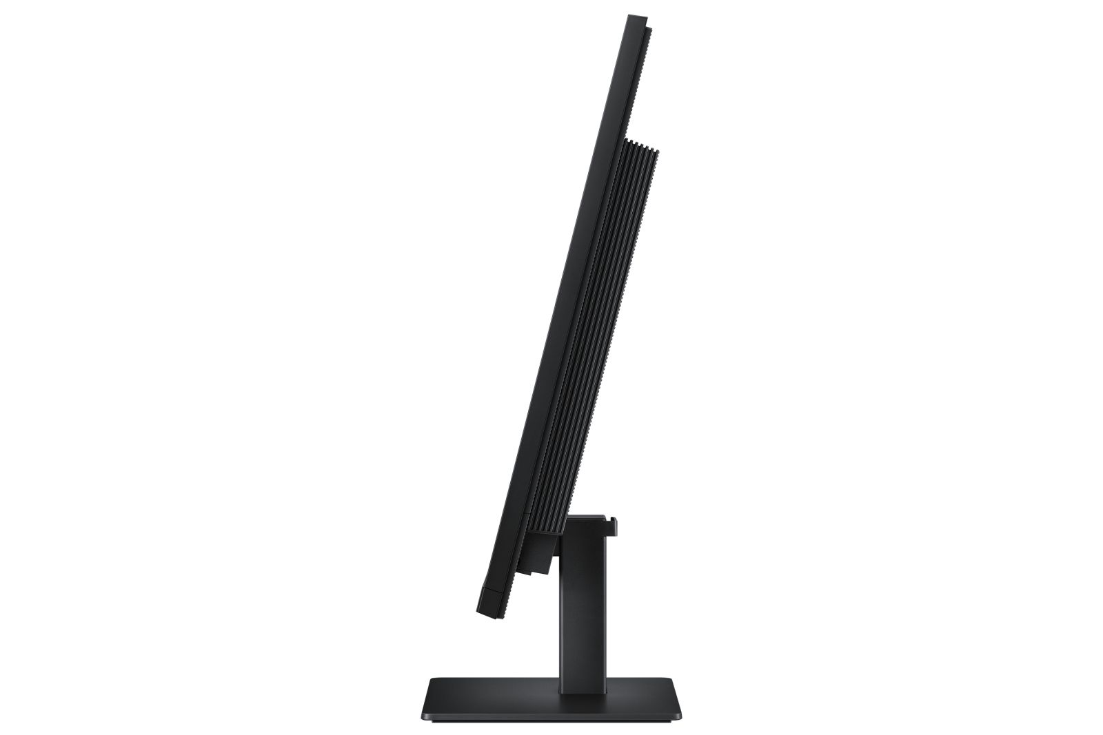 Vista laterale di un monitor per computer nero sottile su un semplice supporto rettangolare.