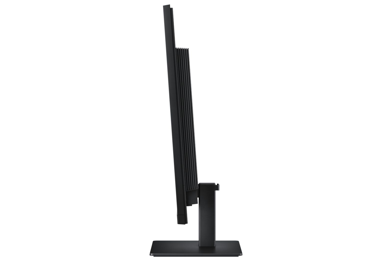 Vista laterale di un monitor per computer nero e sottile su supporto, su sfondo bianco.