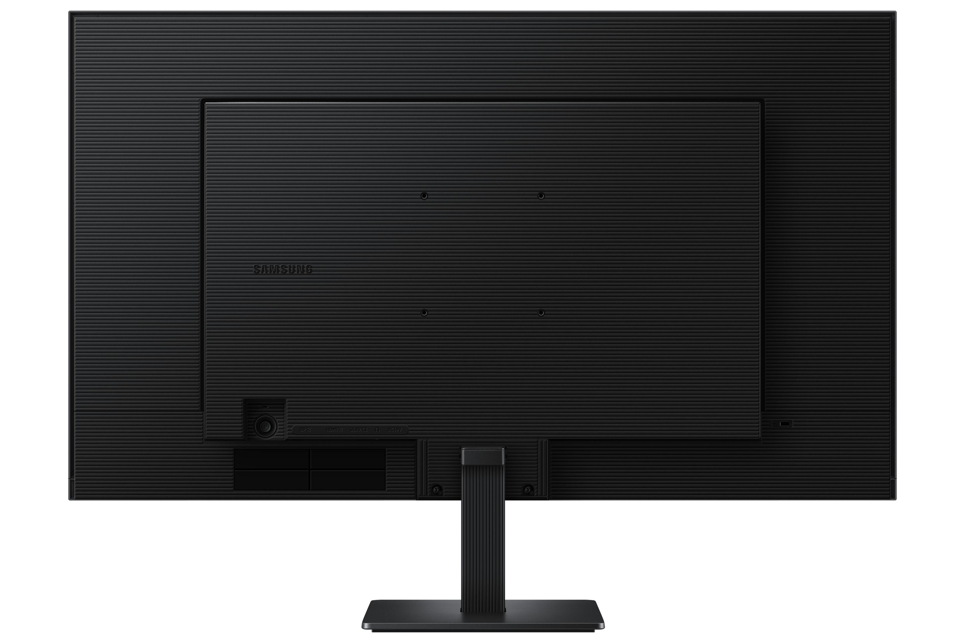 Il retro di un monitor Samsung nero con un design a coste e un supporto robusto.