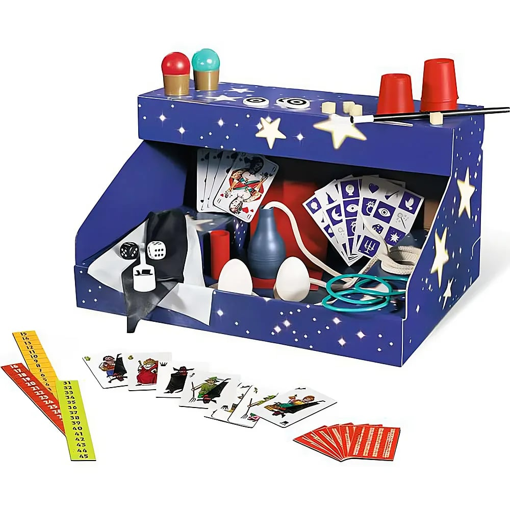 Eine blaue Zauberkastenbox voller Karten, Becher, Würfel und Requisiten sowie nummerierte Lineale und Karten.