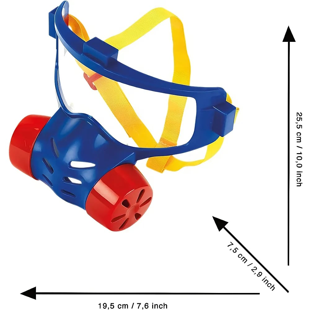 Blaue Kinderschutzmaske mit roten Filtern, gelben Bändern und Maßangaben.
