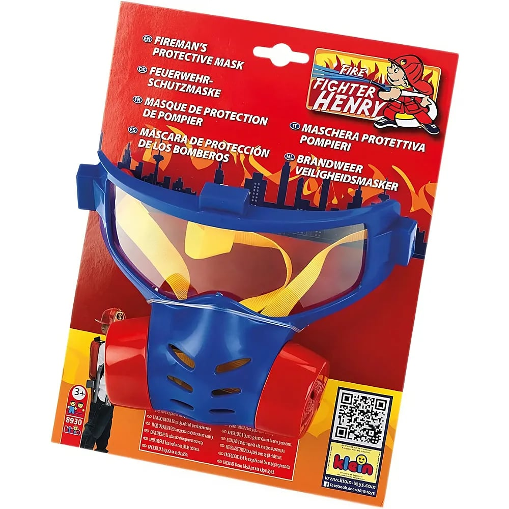 Verpackter blauer und roter Feuerwehr-Schutzmasken-Kinderspielzeug mit gelbem Riemen.
