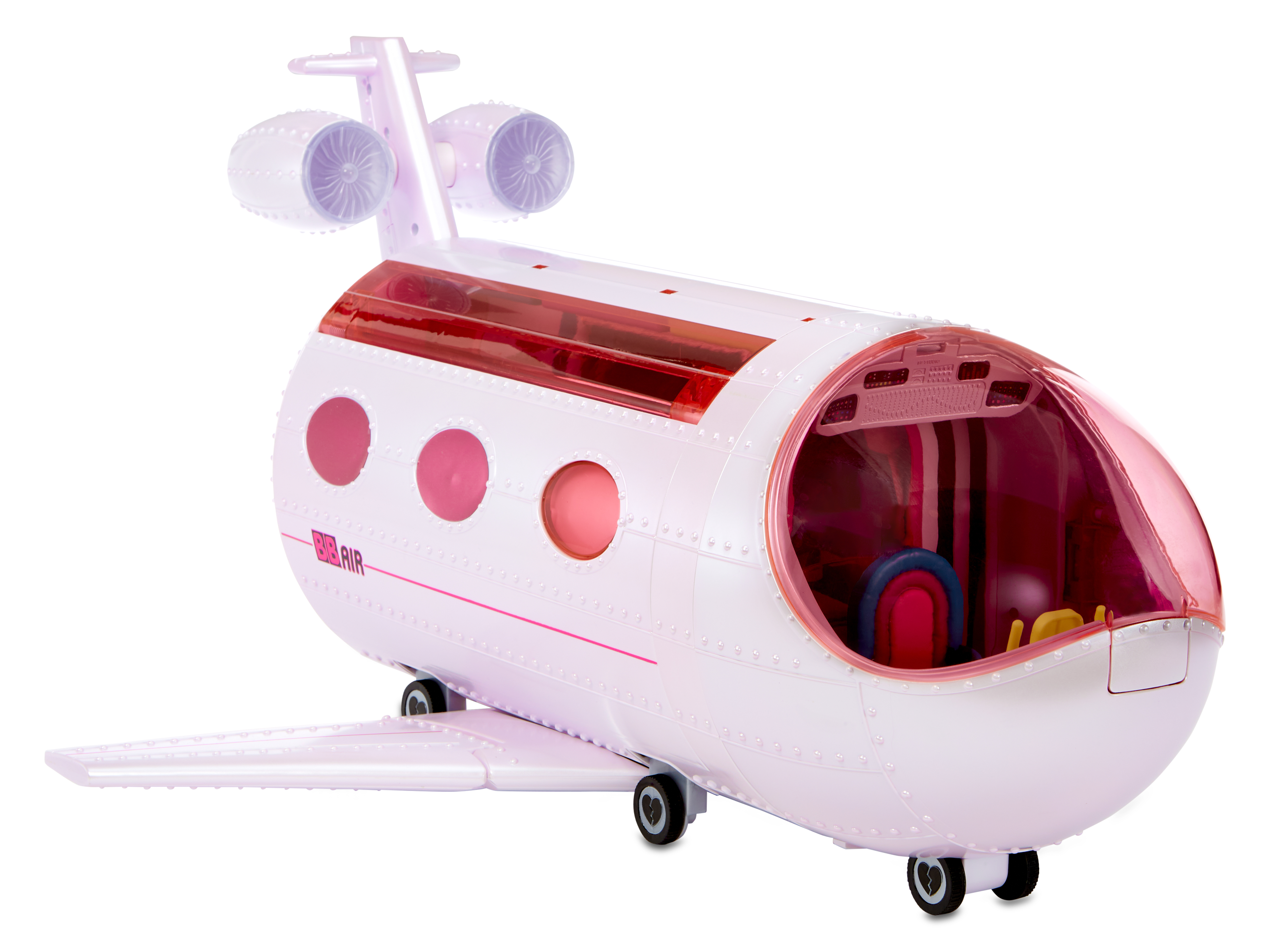 Ein weiß-rosa Spielzeugflugzeug mit Bullaugen, roter Cockpitscheibe und Triebwerken am Heck auf weißem Hintergrund.
