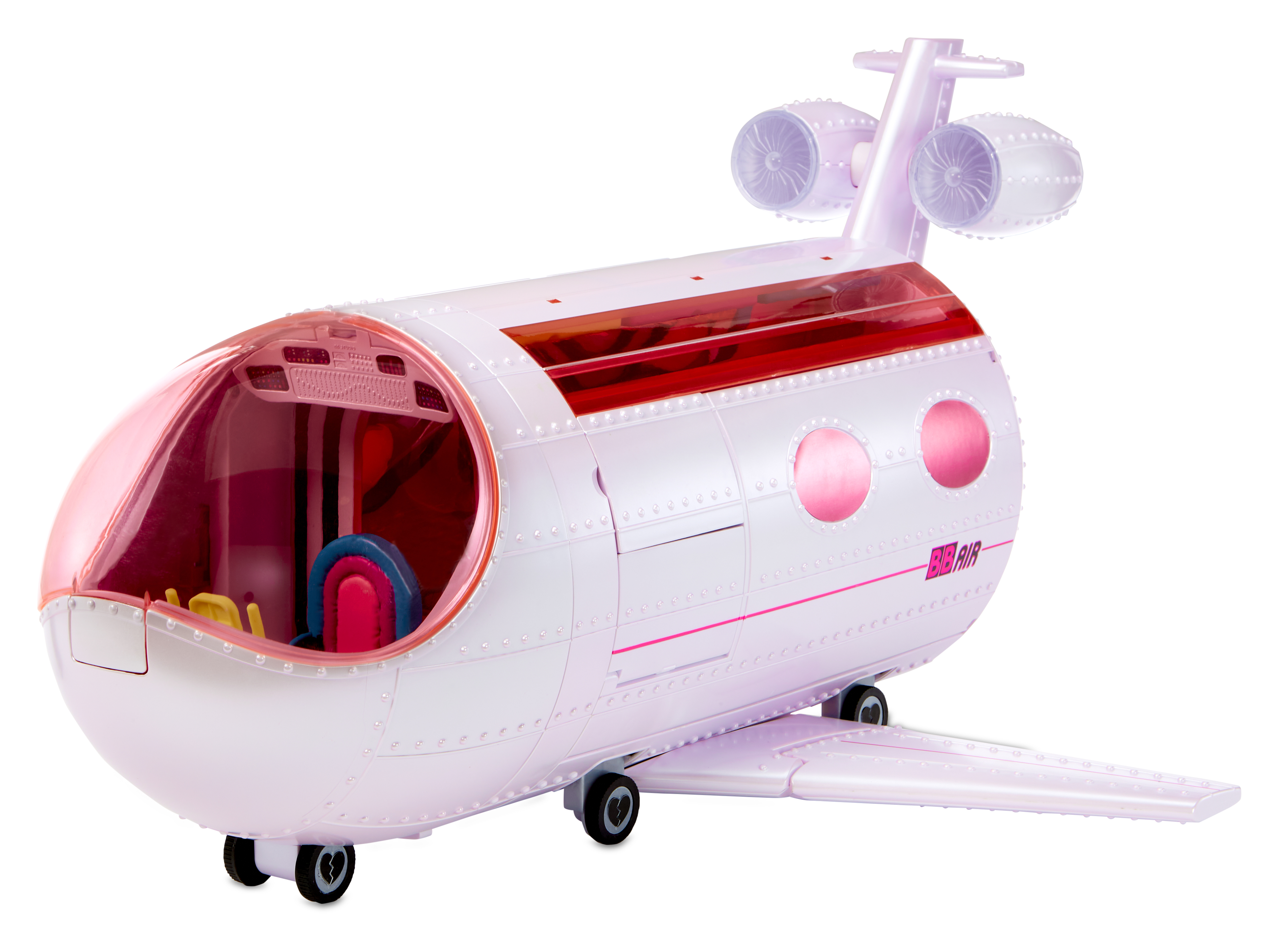 Ein rosafarbenes Spielzeugflugzeug mit offenem Cockpit, zwei Triebwerken am Heck und kleinen Rädern.