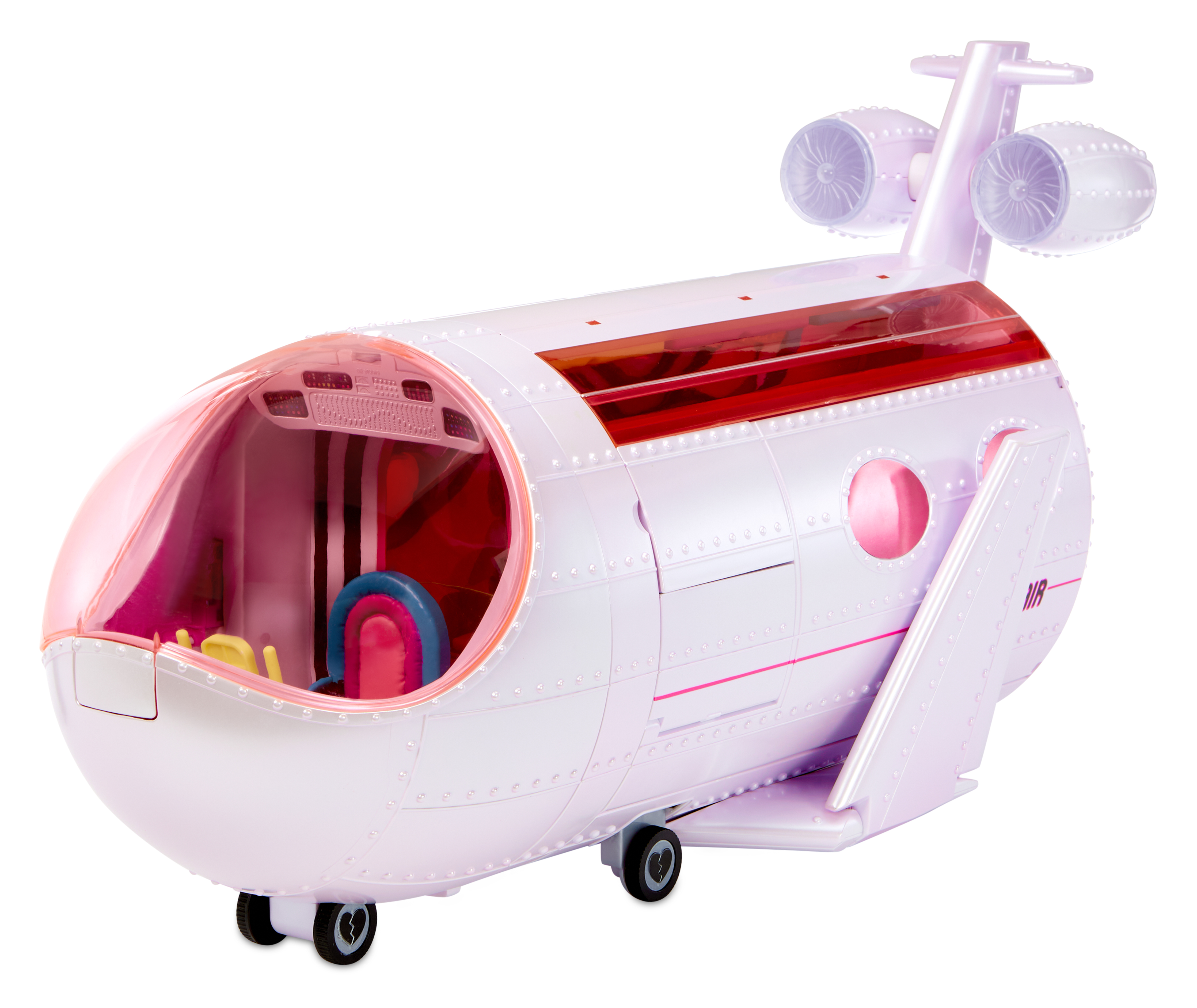 Ein rosafarbenes Spielzeugflugzeug mit roten Akzenten und zwei Triebwerken am Heck.