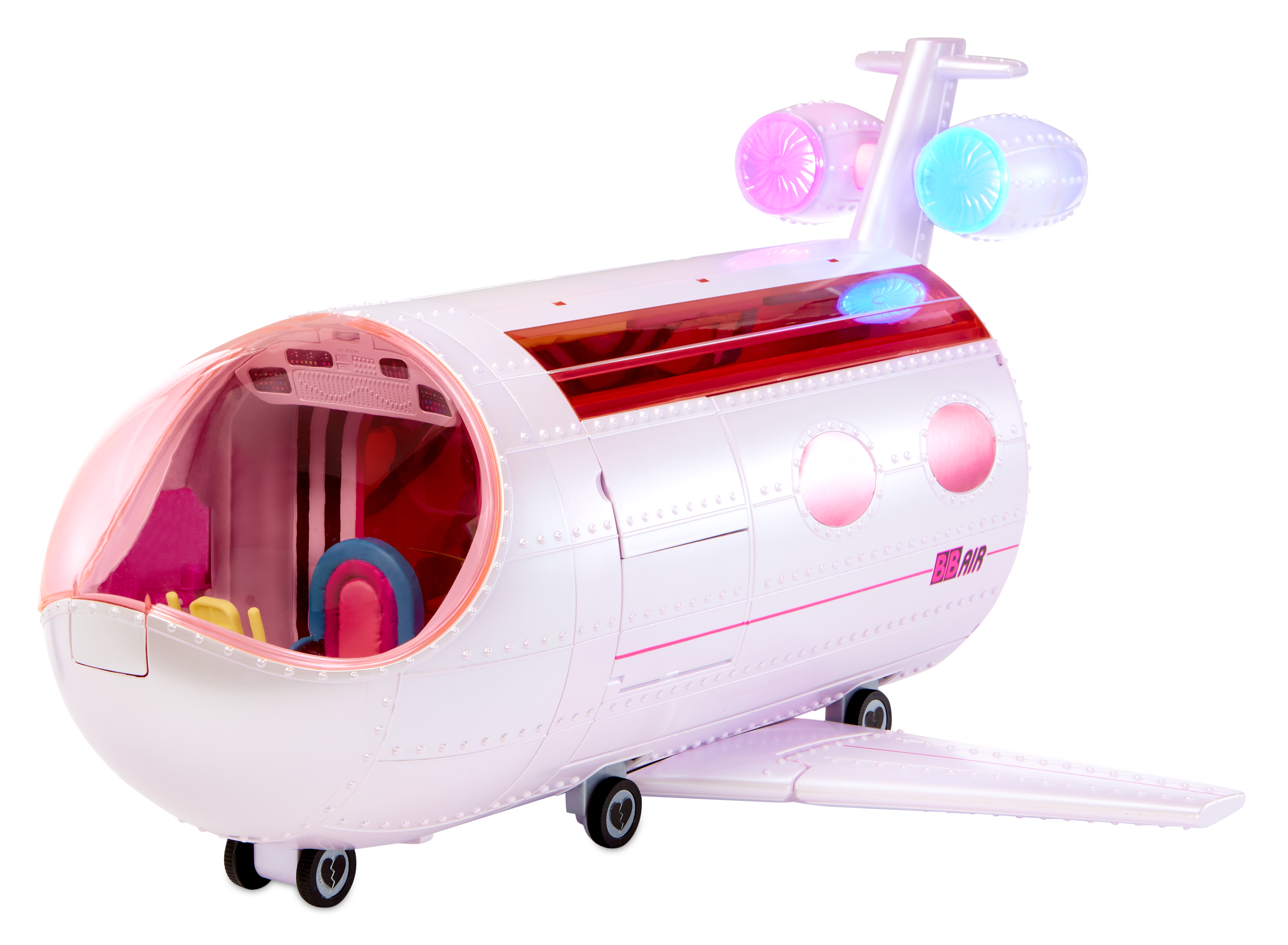 Ein weiß-pinkes Spielzeugflugzeug mit Lichtern und Innenausstattung auf weißem Hintergrund.