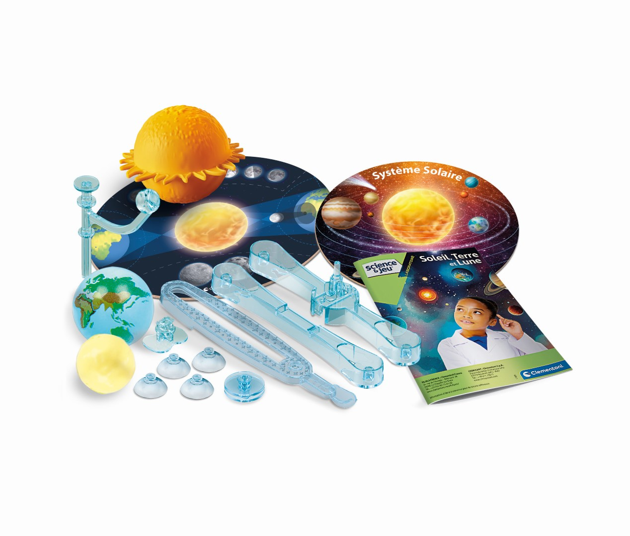 Un kit de modèle du système solaire avec soleil, Terre, lune, pièces en plastique bleu, livret et affiche.