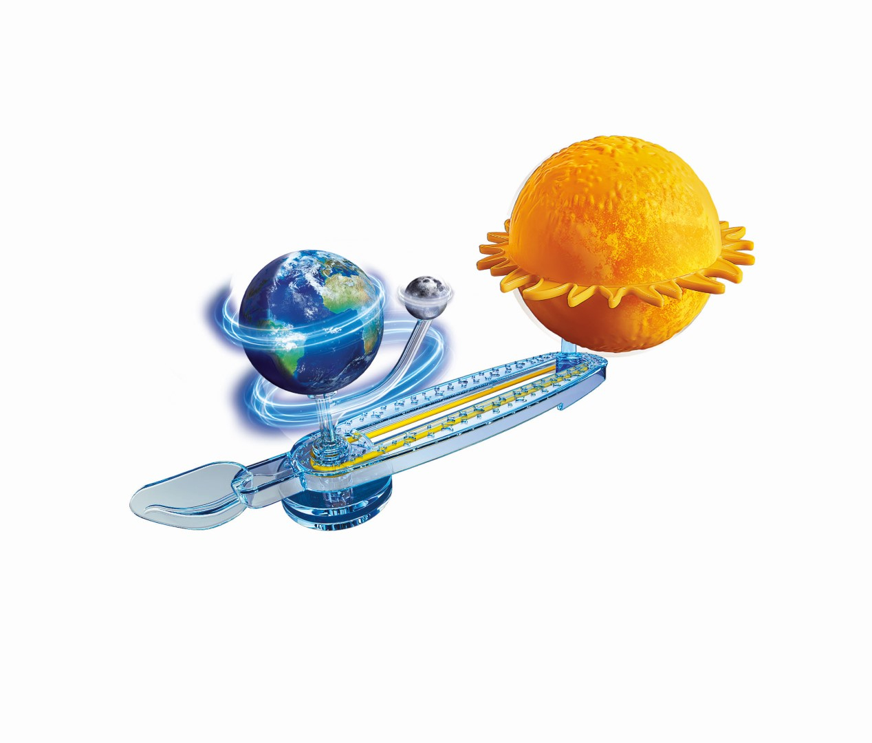 Modèle du soleil, de la terre et de la lune sur un support bleu transparent.