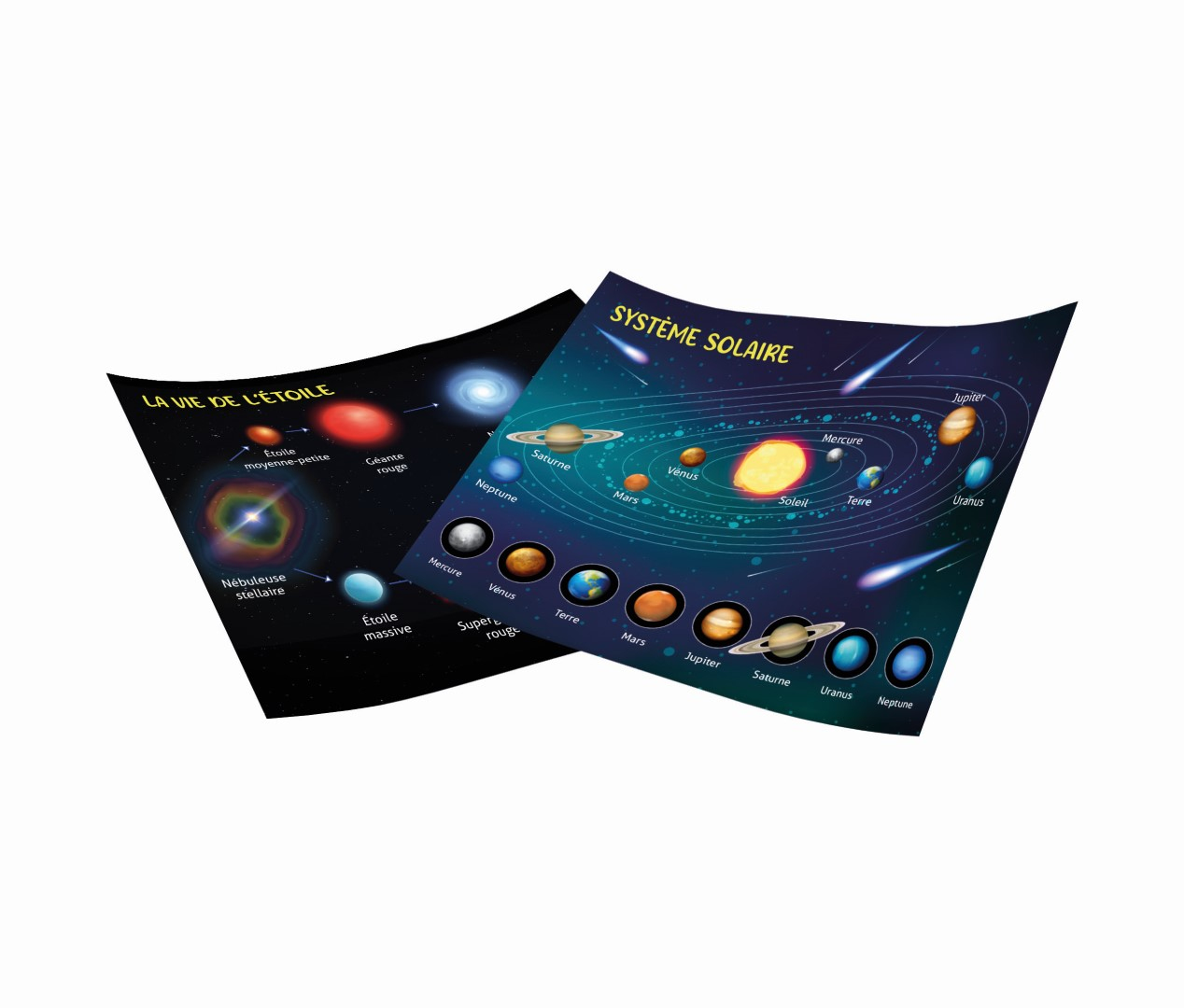Deux affiches éducatives sur le système solaire et la vie des étoiles sur fond sombre.