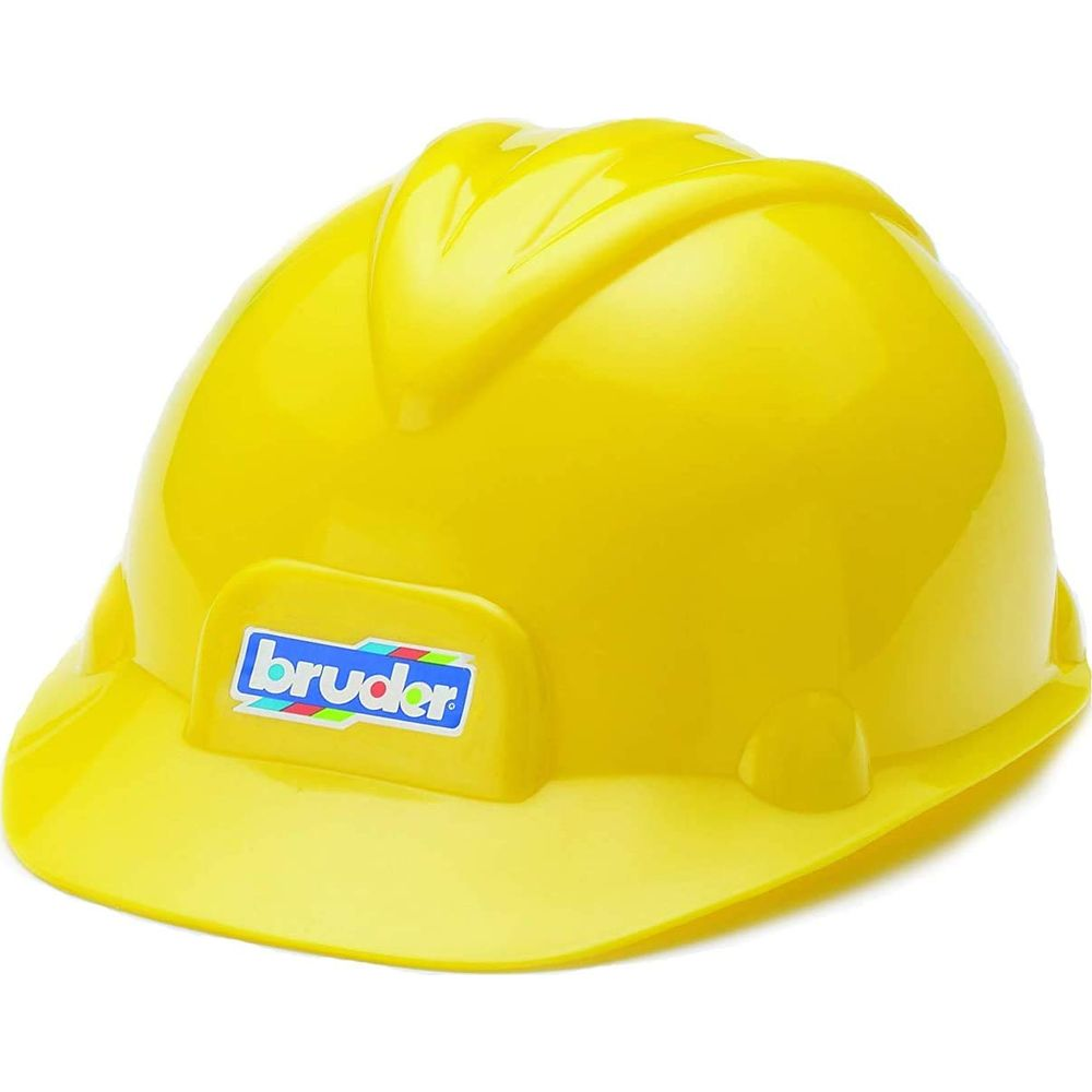 Un casque de chantier jaune avec le logo Bruder à l'avant sur fond blanc.