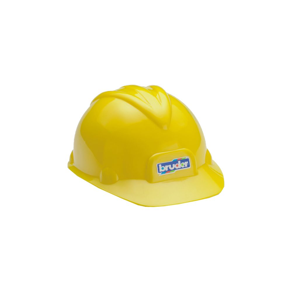 Un casque de chantier jaune jouet avec le logo de la marque bleue Bruder sur le devant.