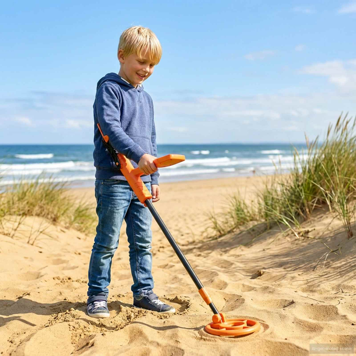 Ein blondes Kind sucht am Strand in den Dünen mit einem Metalldetektor.