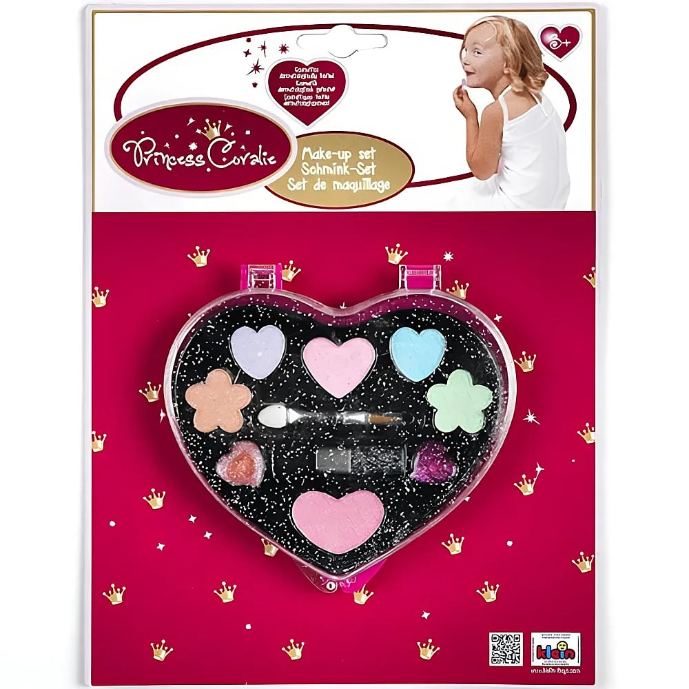 Set trucco Princess Coralie in confezione a cuore con vari colori di trucco e applicatore.