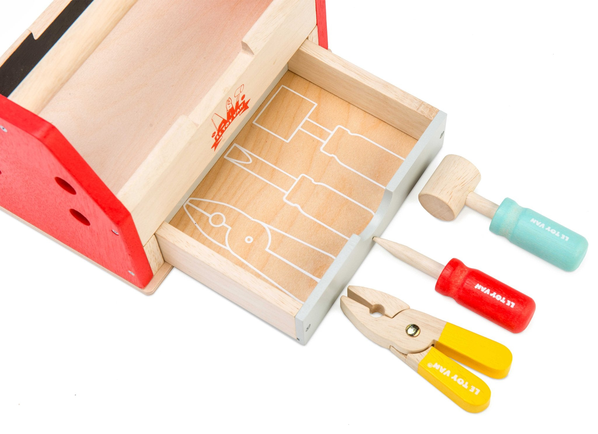 Ein Werkzeugkasten aus Holz mit offener Schublade und bunten Werkzeugen wie Hammer, Schraubenzieher und Zange.