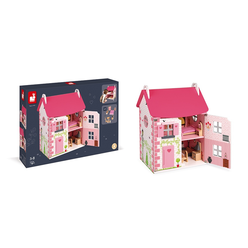 Una casa di bambole in legno rosa con mobili e scatola.