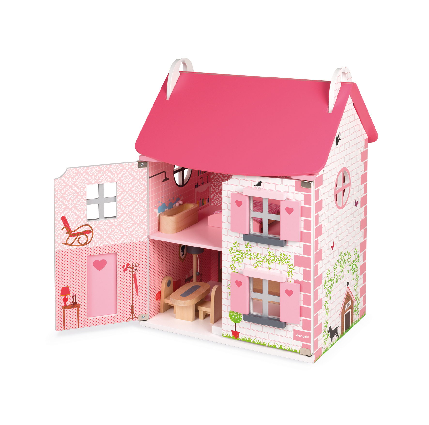 Una casa delle bambole in legno con tetto rosa, fronte aperto e stanze arredate su sfondo bianco.
