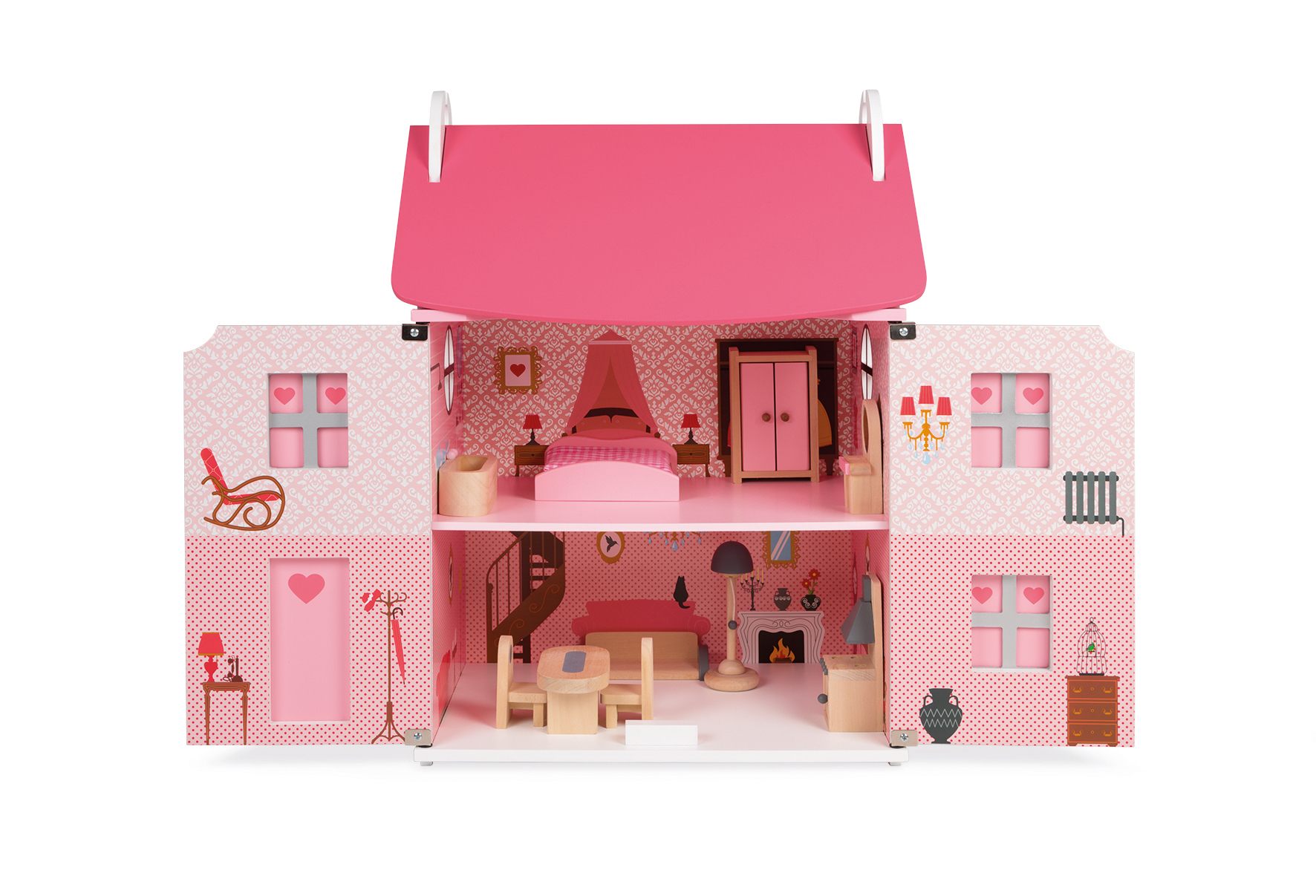 Una casa delle bambole in legno rosa a due piani con porte aperte e mobili in miniatura in ogni stanza.