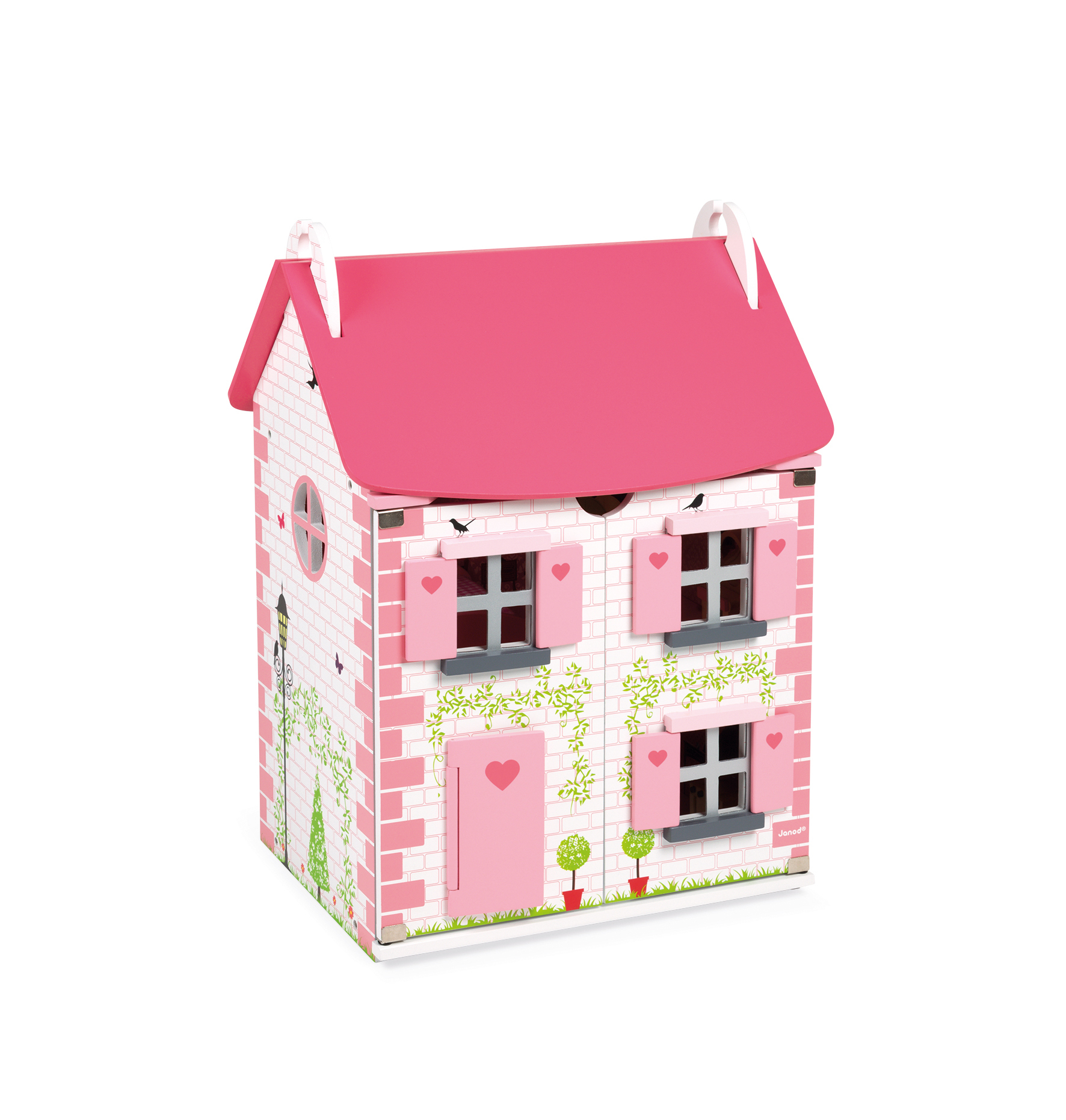 Una casa delle bambole in legno con tetto rosa, pareti in mattoni bianchi, persiane rosa, finestre e piante rampicanti dipinte.