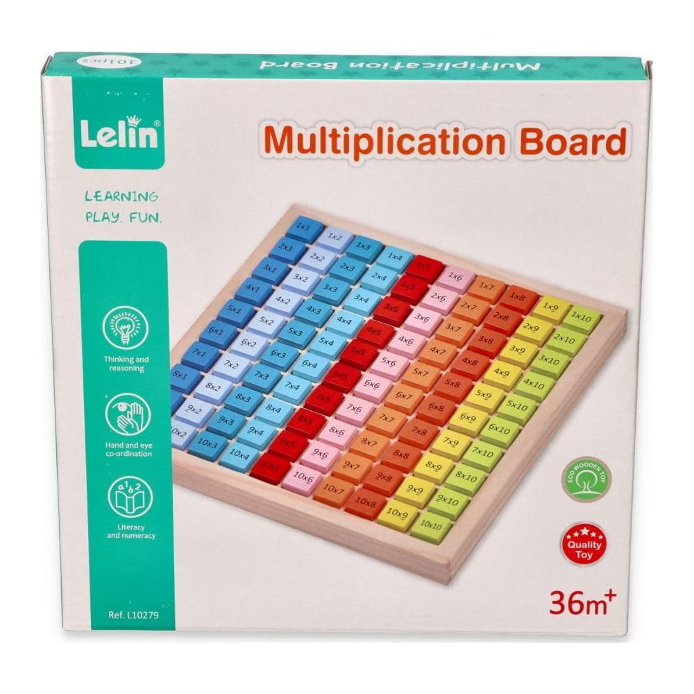 Verpackung eines Lernspielzeugs, einer holzfarbenen Multiplikationstafel mit bunten Blöcken für Kinder ab 36 Monaten.