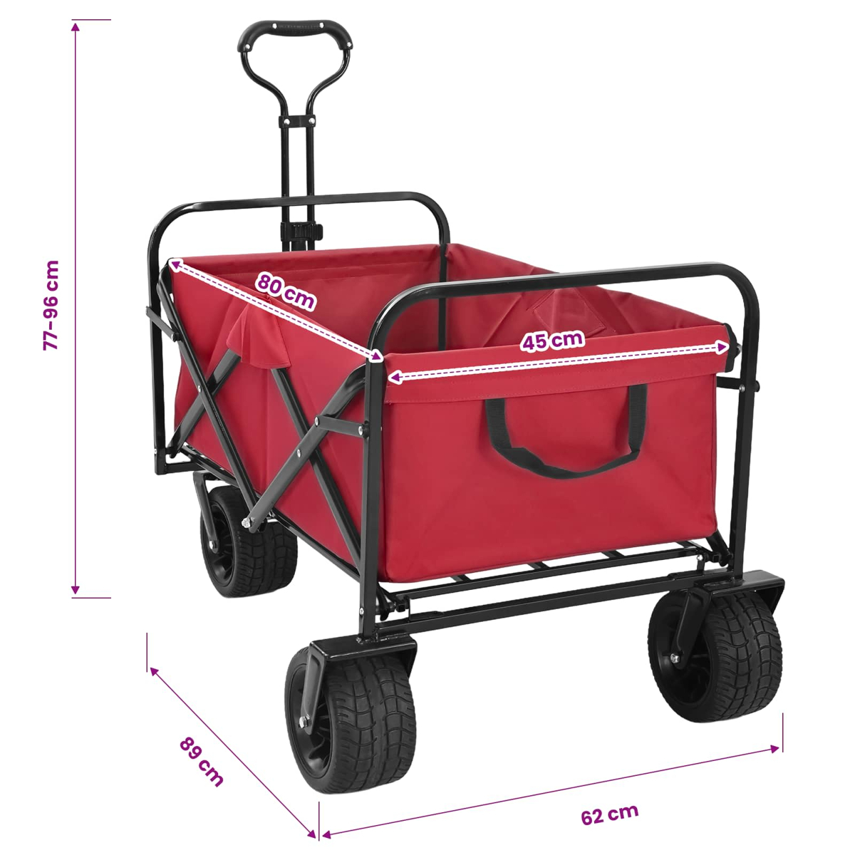 Ein roter Bollerwagen mit schwarzem Metallgestell und Rädern zeigt Maßangaben für Höhe, Länge und Breite.