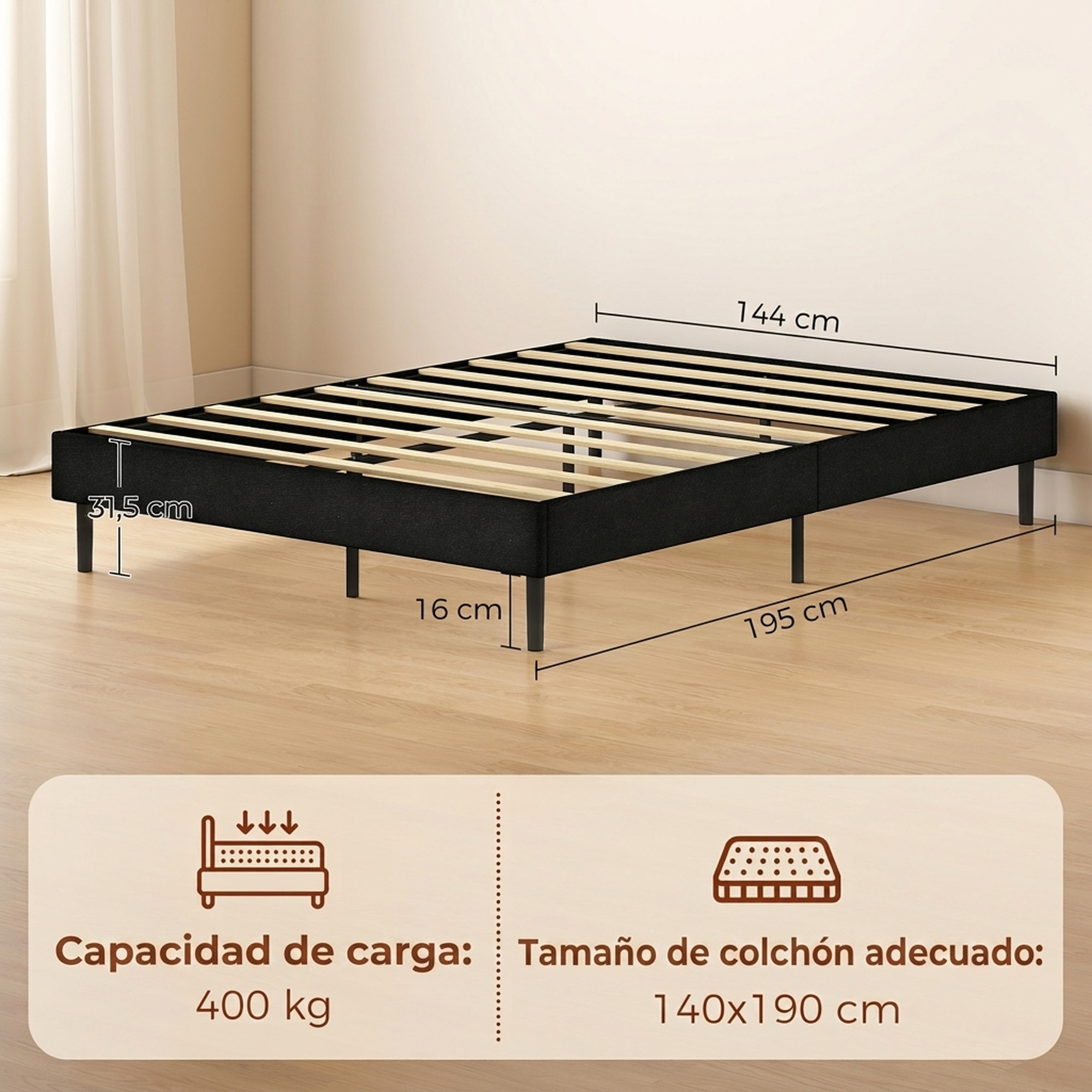 Estructura de cama negra con lamas de madera, medidas y capacidad de carga de 400 kg.