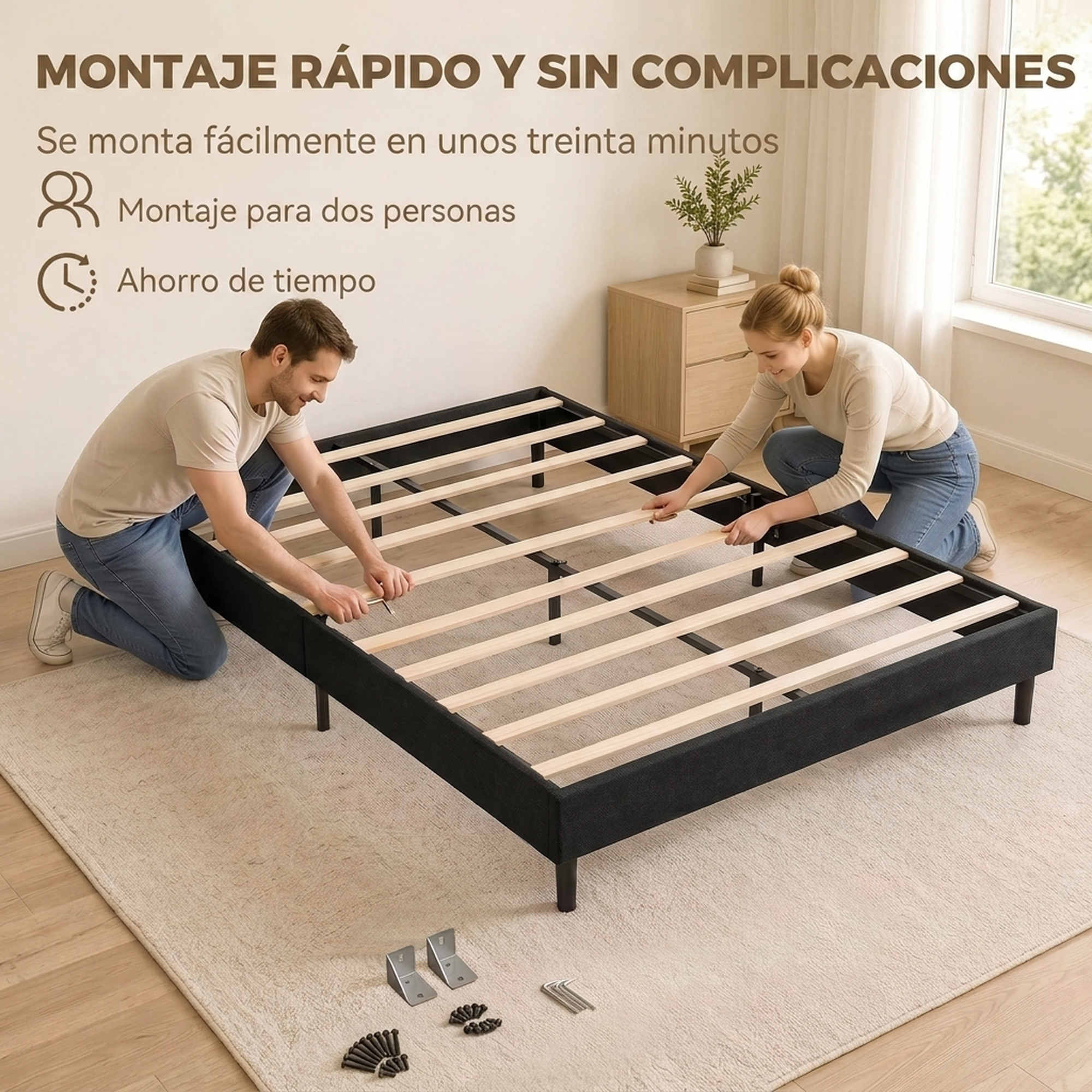 Un hombre y una mujer montan una cama de láminas de madera en una alfombra.