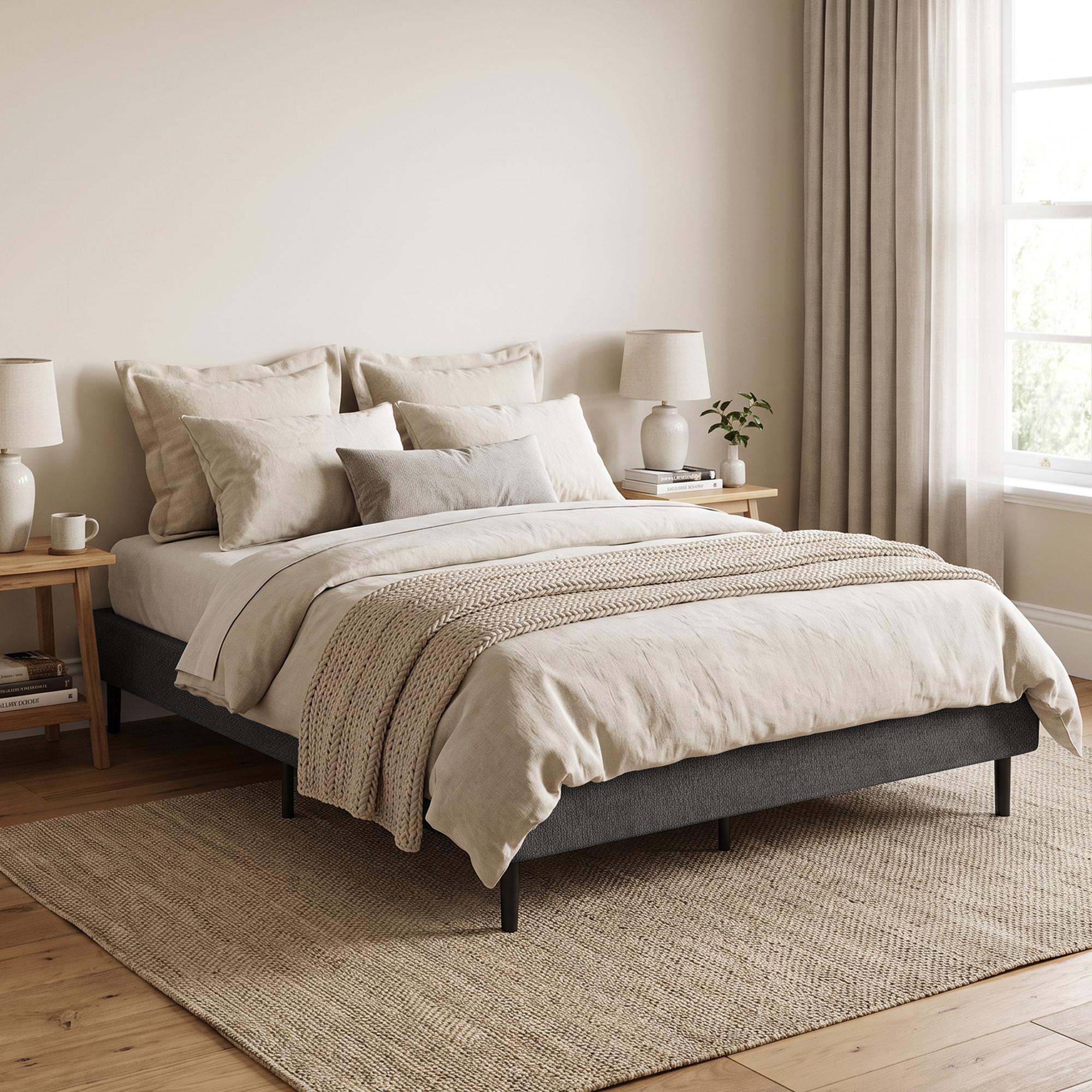Dormitorio beige con cama de ropa neutral, manta tejida y mesitas de noche bajo una ventana con cortinas.
