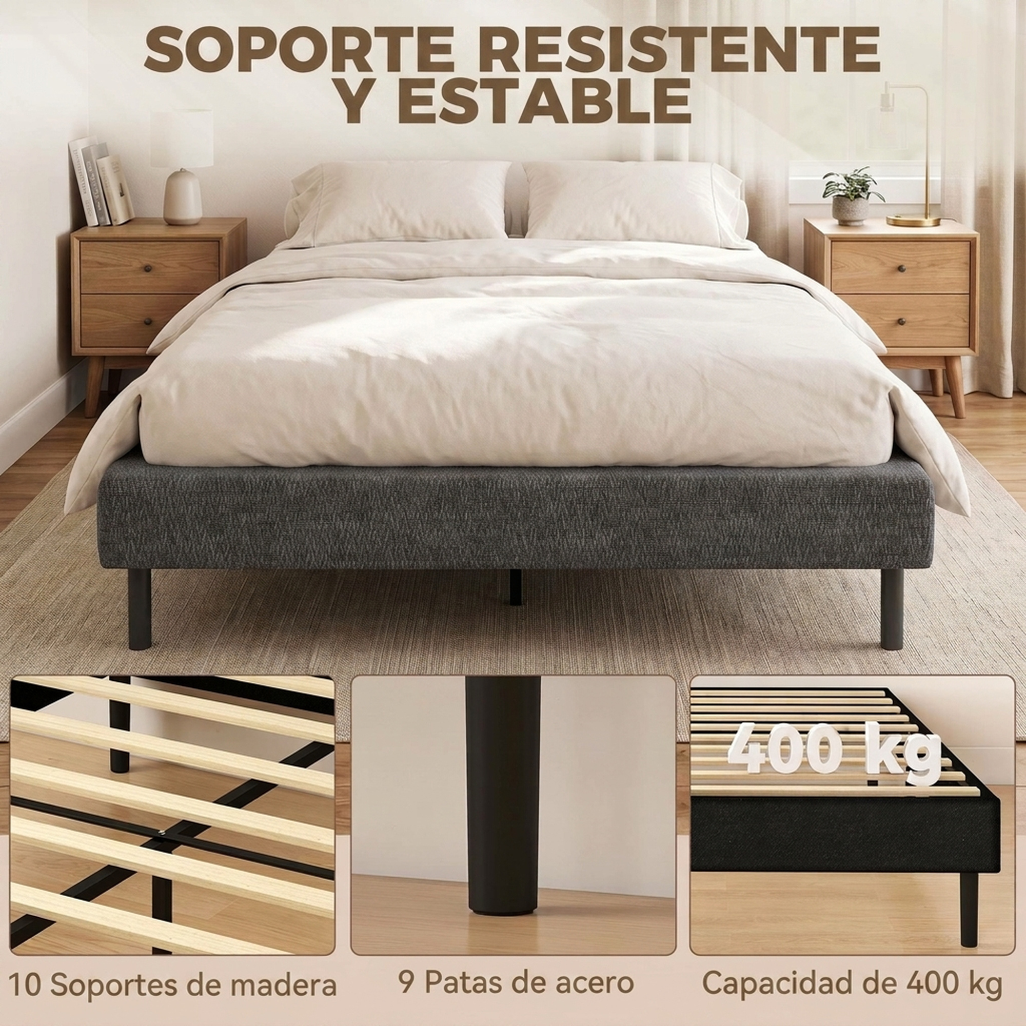 Cama gris con listones de madera, patas de acero y 400 kg.