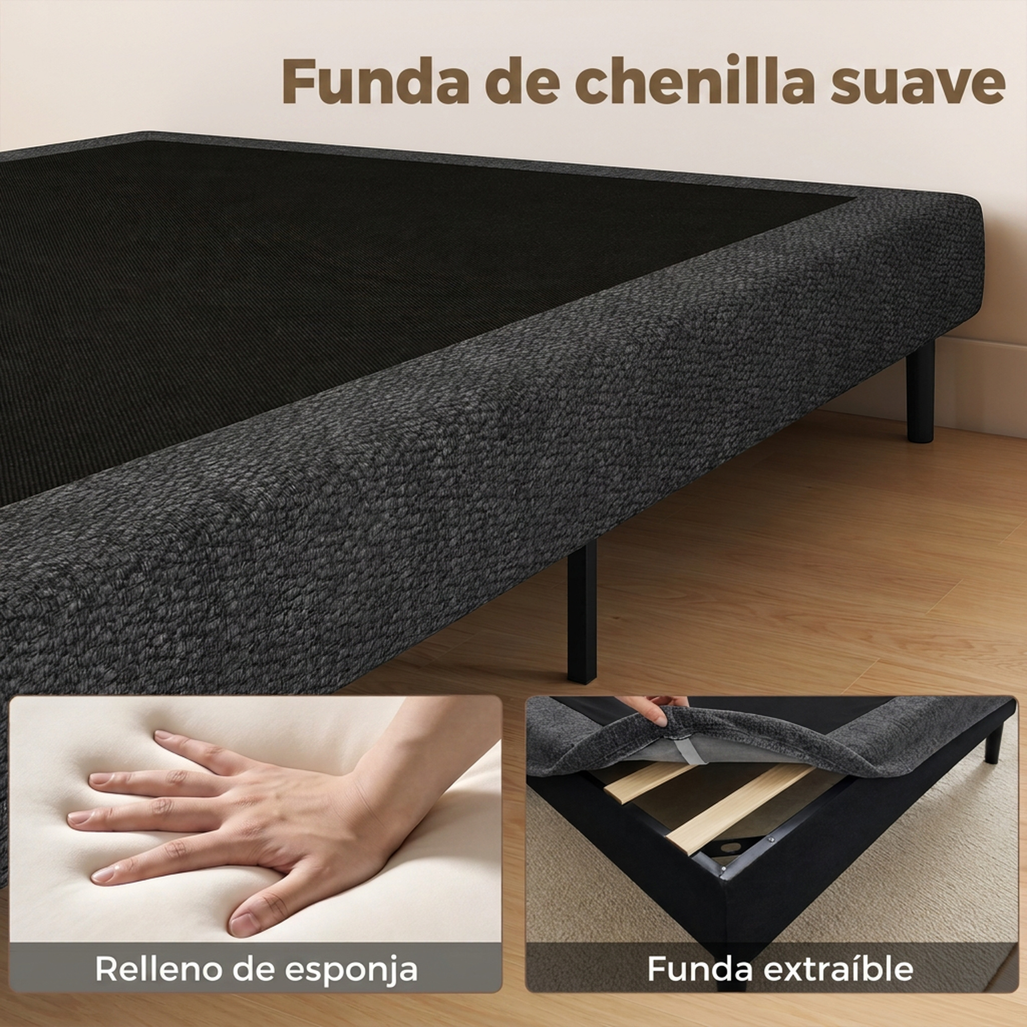 Una estructura de cama gris oscura con funda de chenilla suave, relleno de espuma y funda extraíble en suelo de madera.