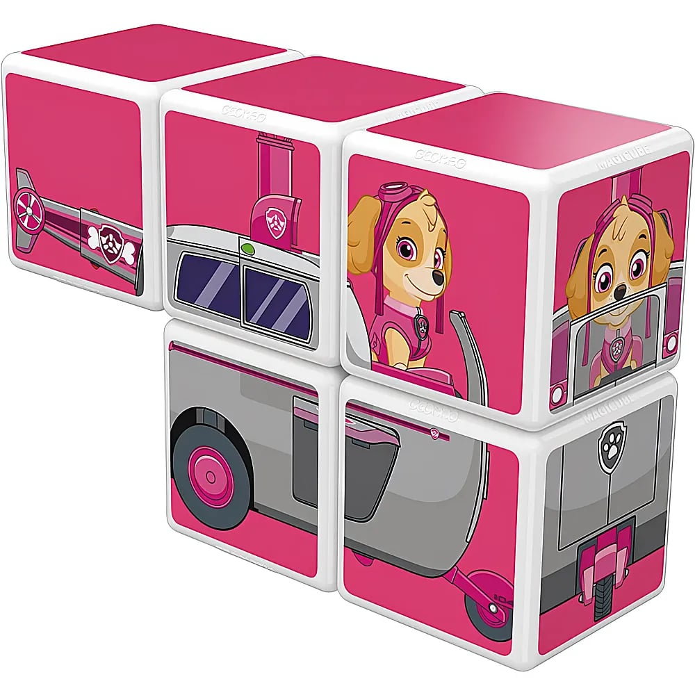 Vier rosa-weiße Magnetblöcke zeigen Skye von Paw Patrol und ihr Fahrzeug vor weißem Hintergrund.