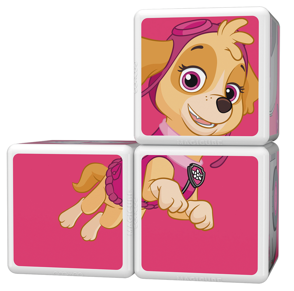 Drei weiße Magnetwürfel mit Abbildungen von Skye aus Paw Patrol auf rosa Hintergrund.